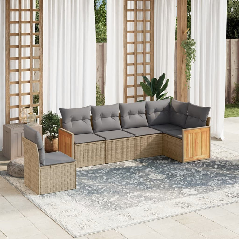 6-delige Loungeset met kussens poly rattan beige
