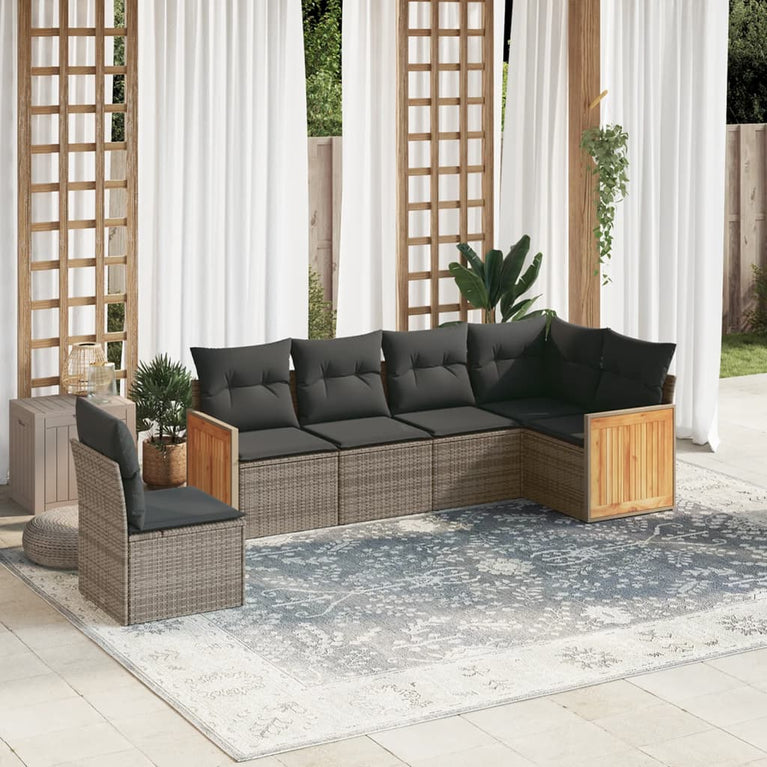 6-delige Loungeset met kussens poly rattan grijs