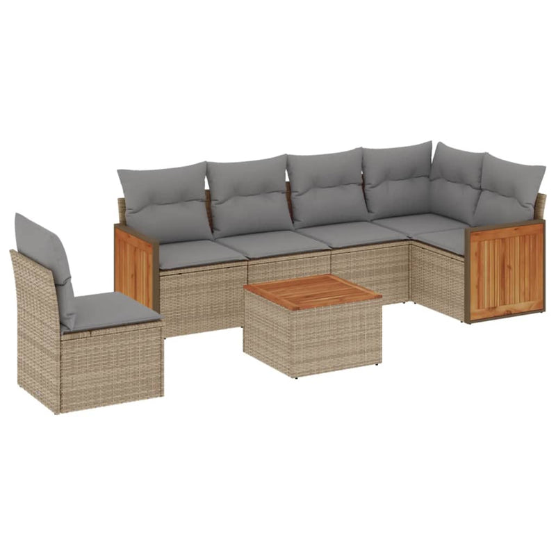 7-delige Loungeset met kussens poly rattan beige