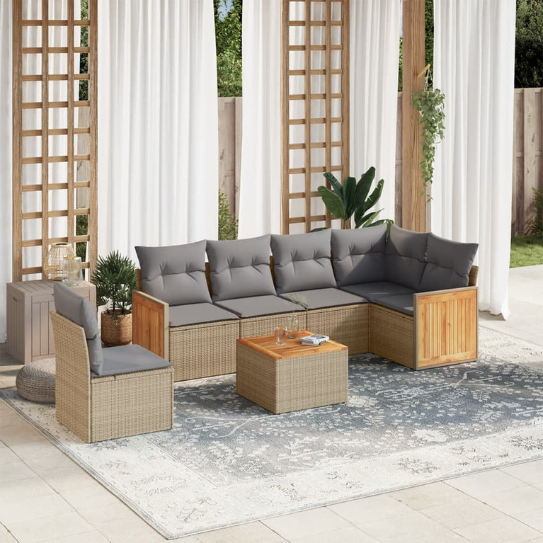 7-delige Loungeset met kussens poly rattan beige