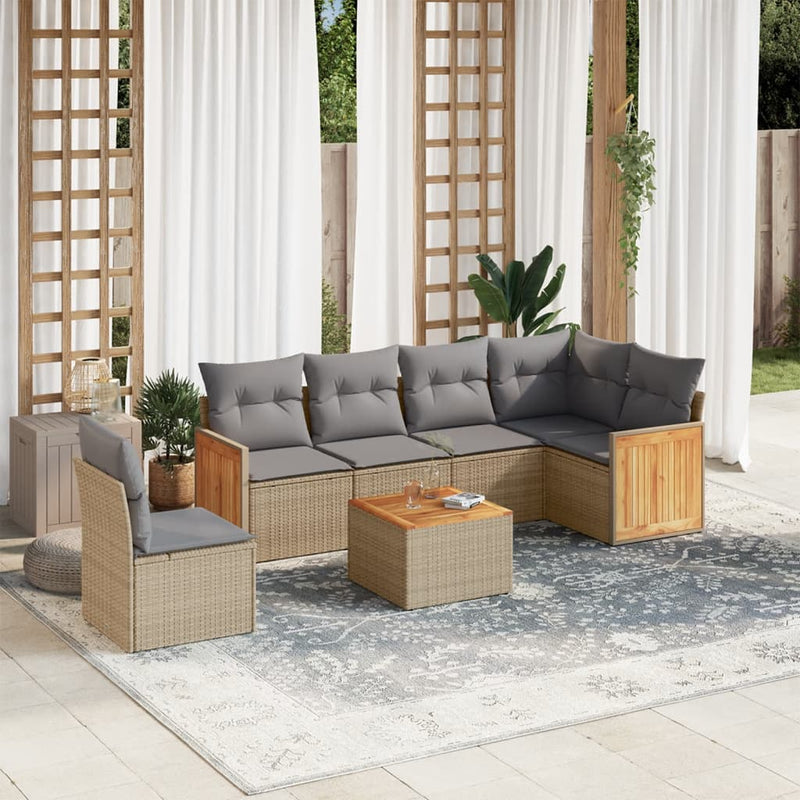 7-delige Loungeset met kussens poly rattan beige