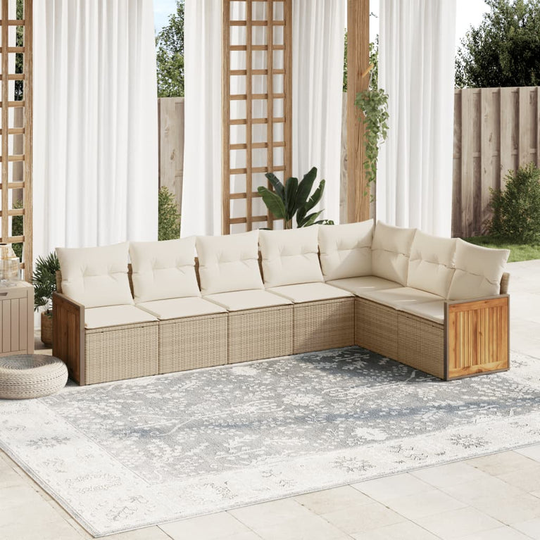 7-delige Loungeset met kussens poly rattan beige