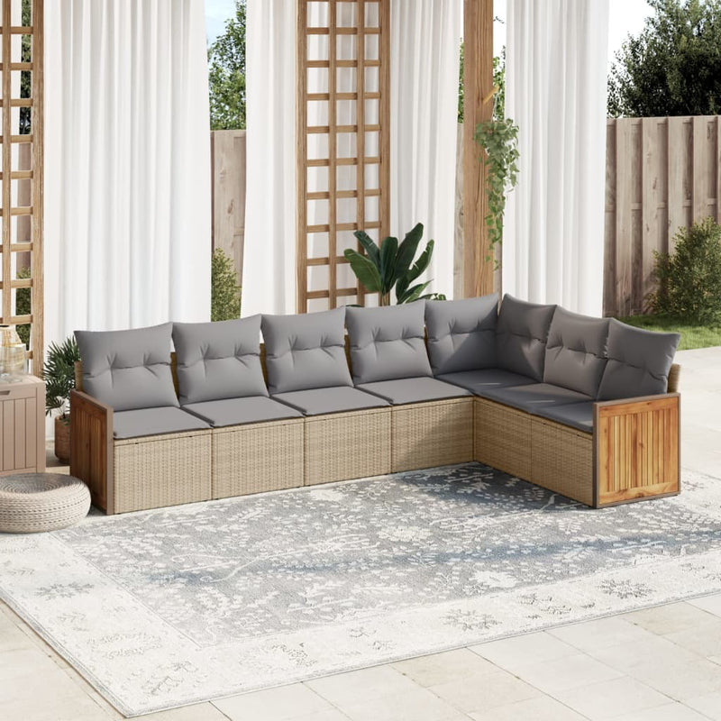 7-delige Loungeset met kussens poly rattan beige