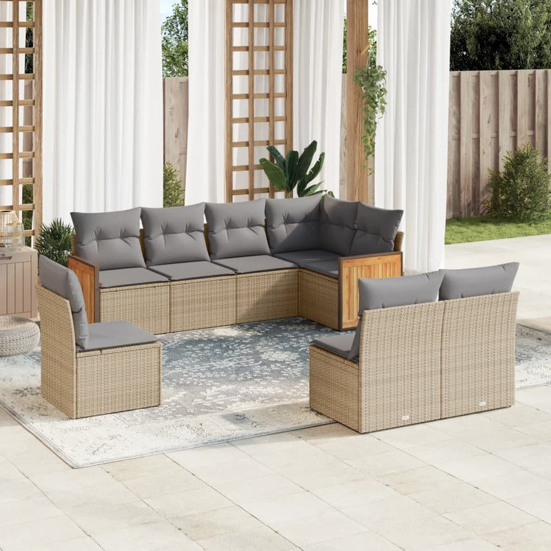 8-delige Loungeset met kussens poly rattan beige