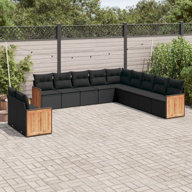 11-delige Loungeset met kussens poly rattan zwart