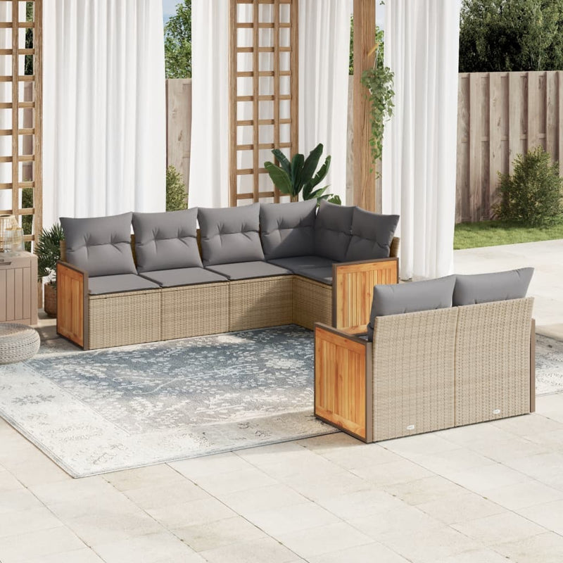 7-delige Loungeset met kussens poly rattan beige