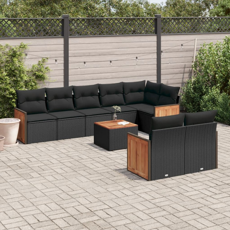 9-delige Loungeset met kussens poly rattan zwart