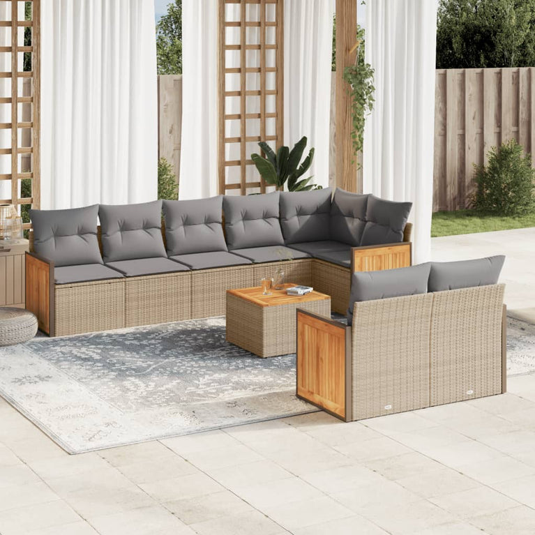 9-delige Loungeset met kussens poly rattan beige