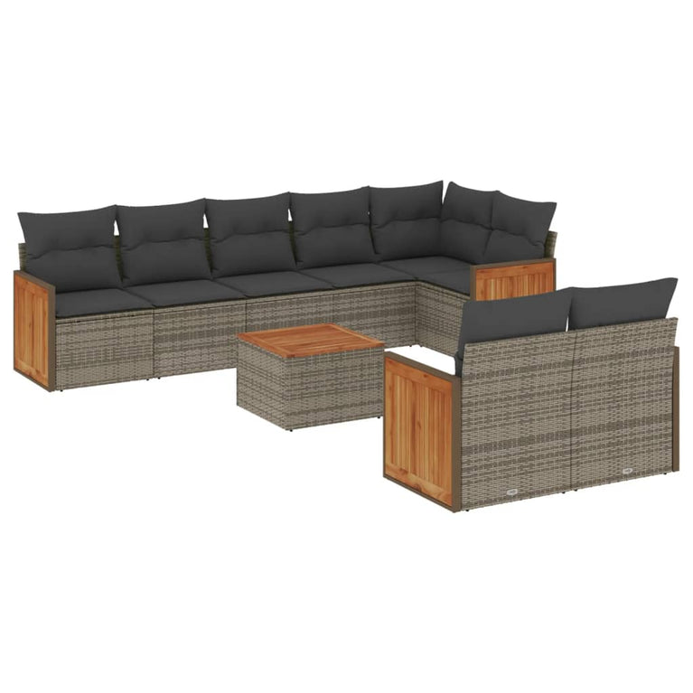 9-delige Loungeset met kussens poly rattan grijs