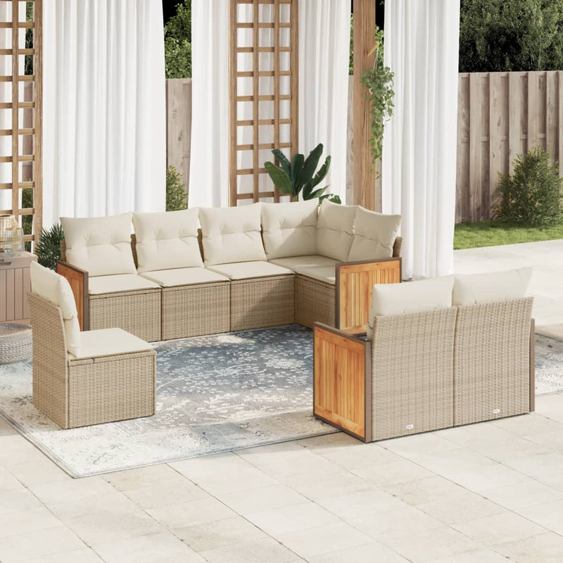 8-delige Loungeset met kussens poly rattan beige