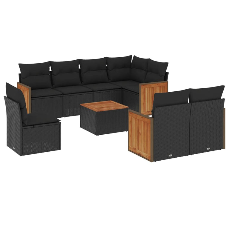 9-delige Loungeset met kussens poly rattan zwart