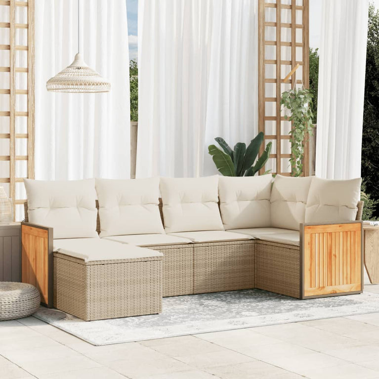 6-delige Loungeset met kussens poly rattan beige