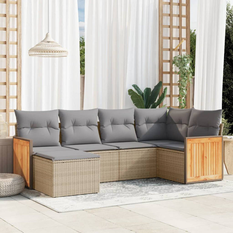 6-delige Loungeset met kussens poly rattan beige