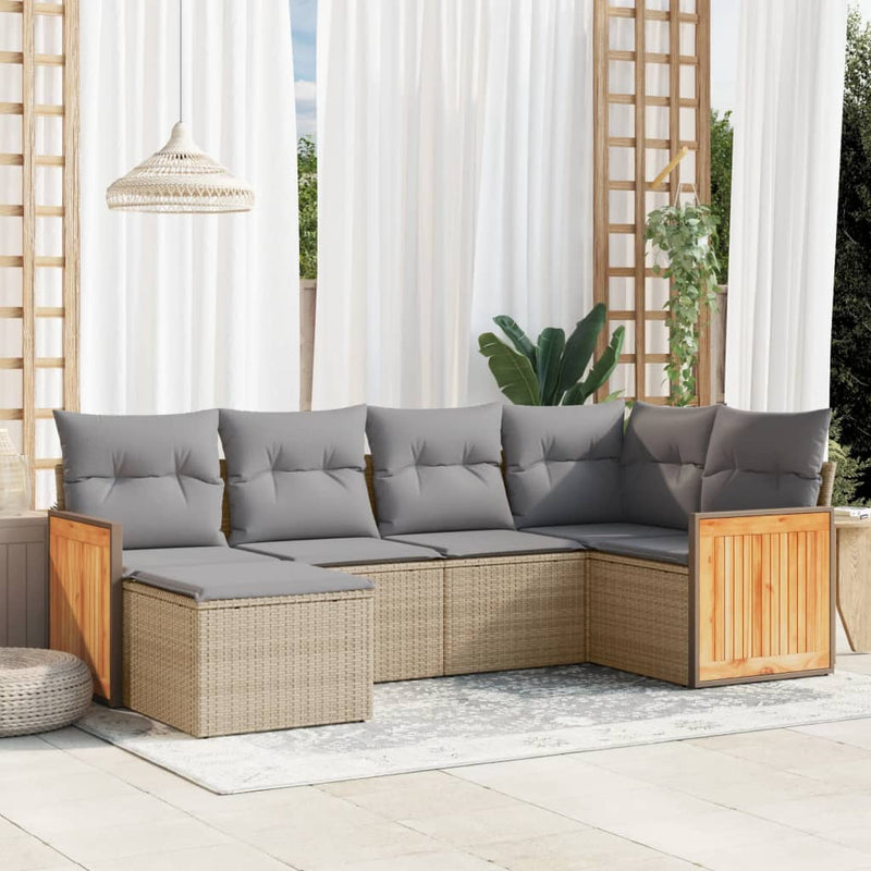 6-delige Loungeset met kussens poly rattan beige