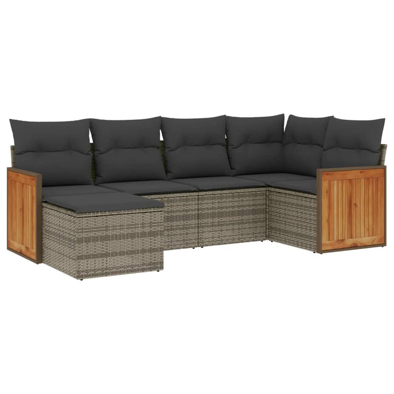 6-delige Loungeset met kussens poly rattan grijs