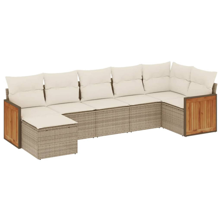 7-delige Loungeset met kussens poly rattan beige