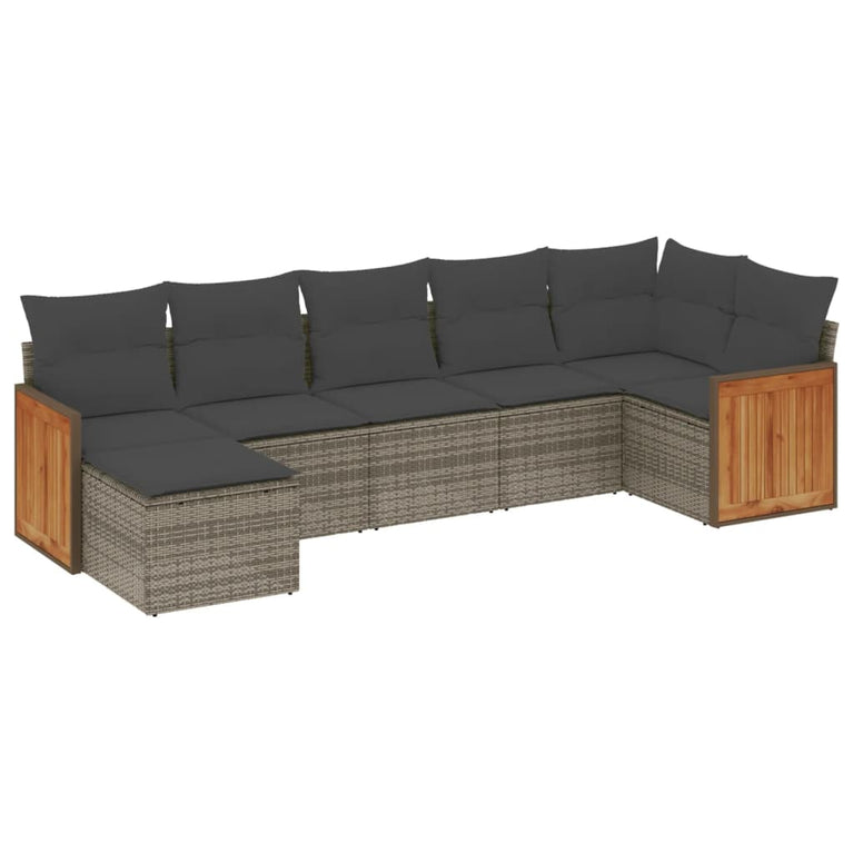 7-delige Loungeset met kussens poly rattan grijs
