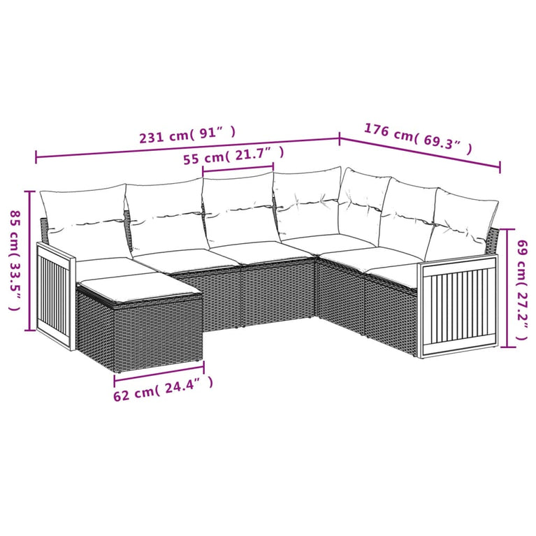 7-delige Loungeset met kussens poly rattan zwart