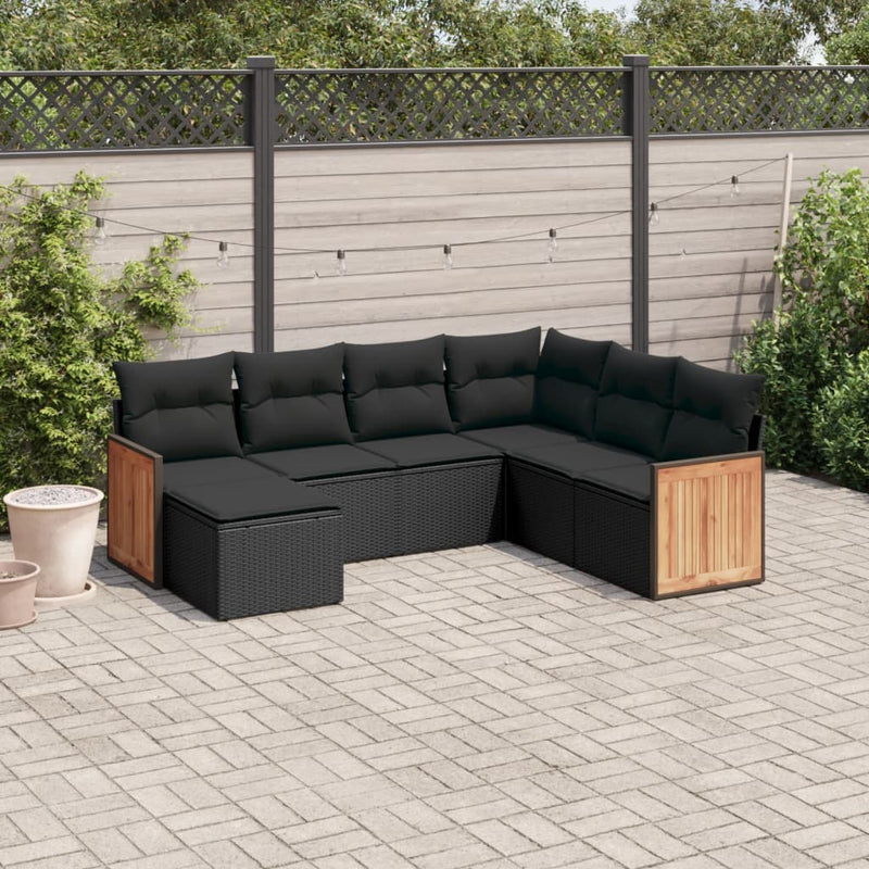 7-delige Loungeset met kussens poly rattan zwart