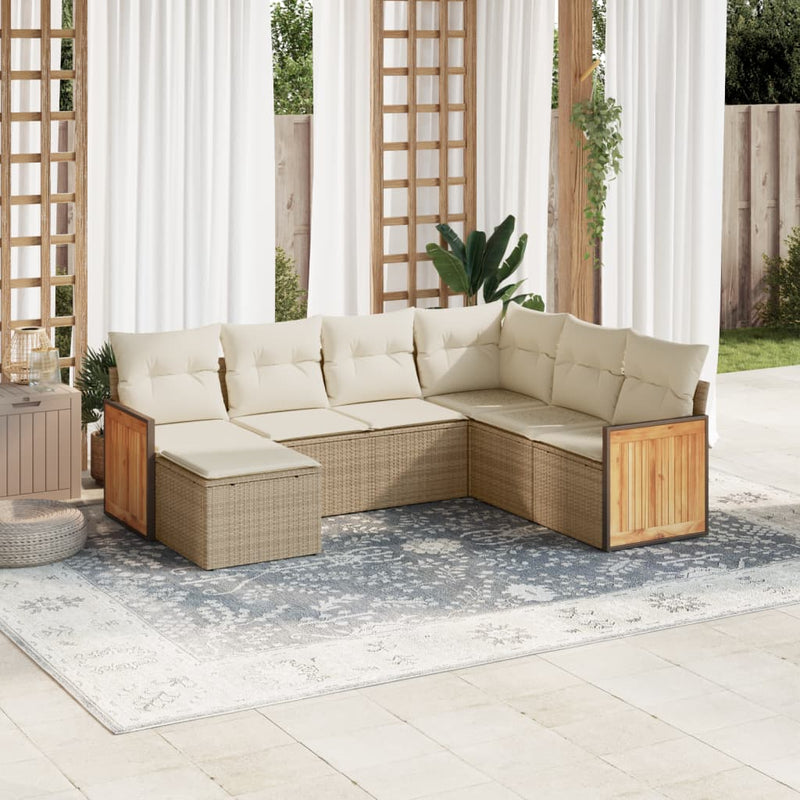 7-delige Loungeset met kussens poly rattan beige