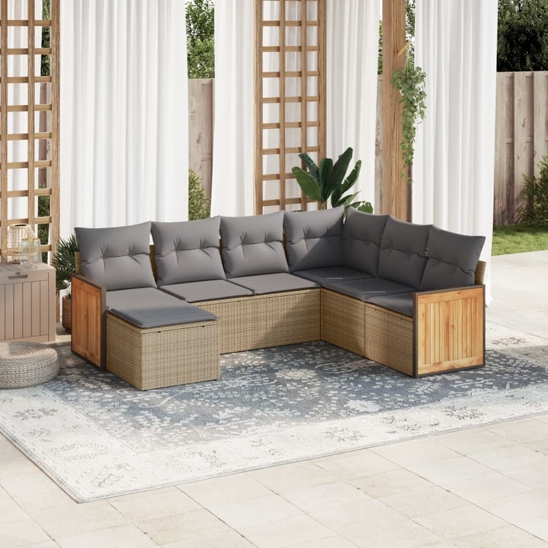 7-delige Loungeset met kussens poly rattan beige