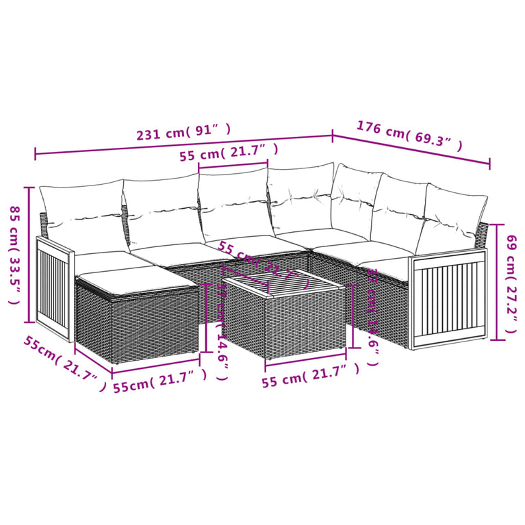8-delige Loungeset met kussens poly rattan beige