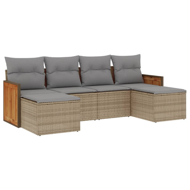 6-delige Loungeset met kussens poly rattan beige