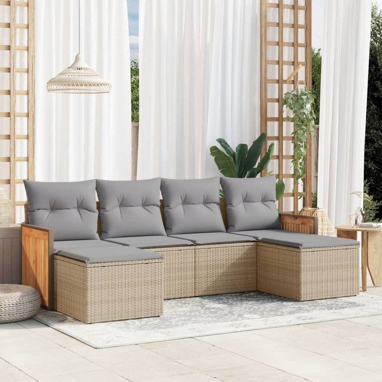 6-delige Loungeset met kussens poly rattan beige