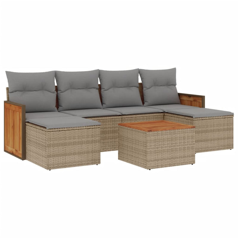 7-delige Loungeset met kussens poly rattan beige