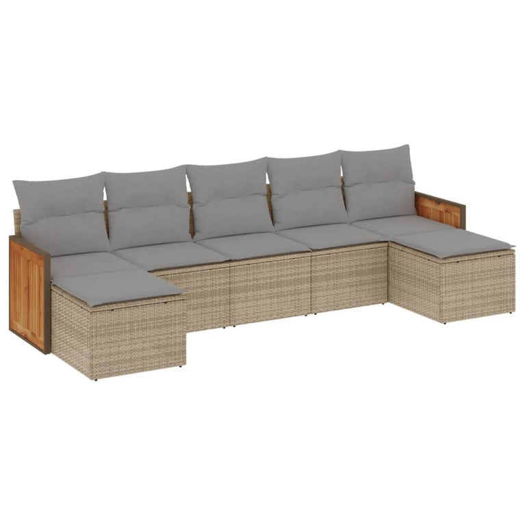 7-delige Loungeset met kussens poly rattan beige