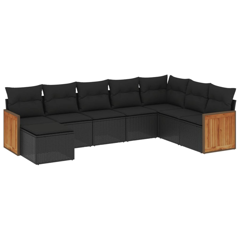 8-delige Loungeset met kussens poly rattan zwart