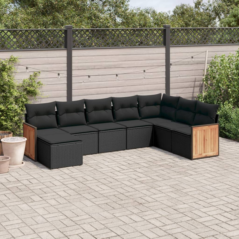 8-delige Loungeset met kussens poly rattan zwart
