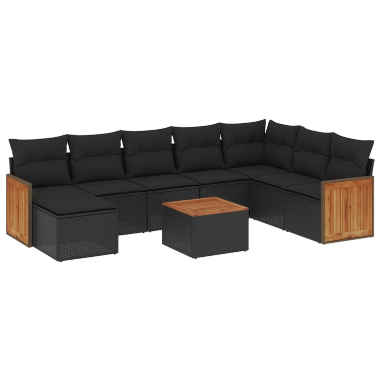 9-delige Loungeset met kussens poly rattan zwart