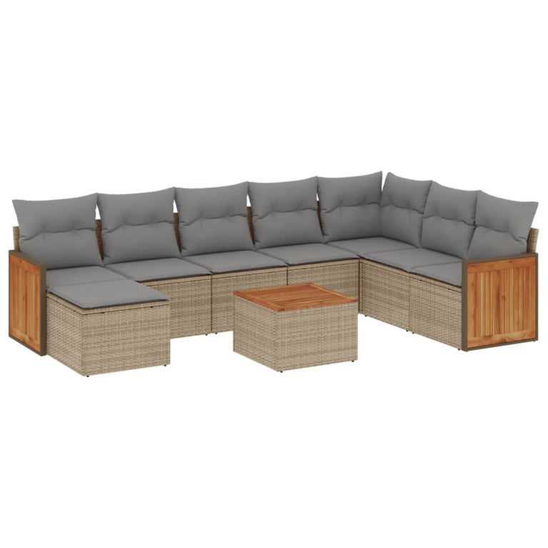 9-delige Loungeset met kussens poly rattan beige