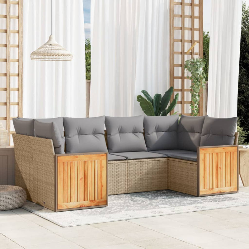 6-delige Loungeset met kussens poly rattan beige