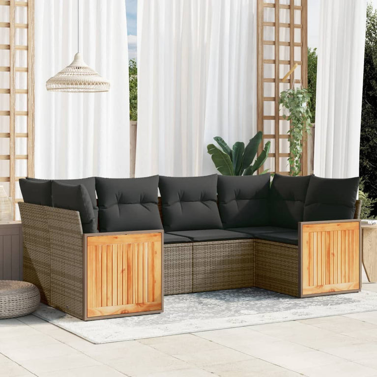 6-delige Loungeset met kussens poly rattan grijs