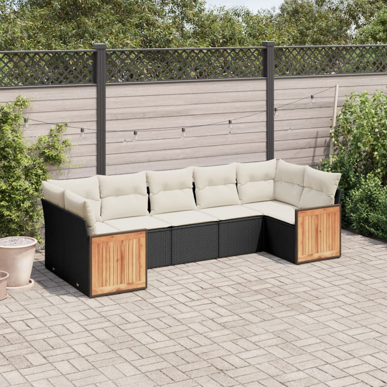 7-delige Loungeset met kussens poly rattan zwart