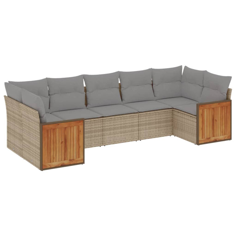 7-delige Loungeset met kussens poly rattan beige