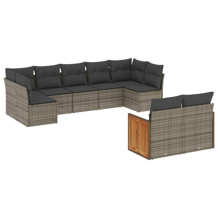 9-delige Loungeset met kussens poly rattan grijs