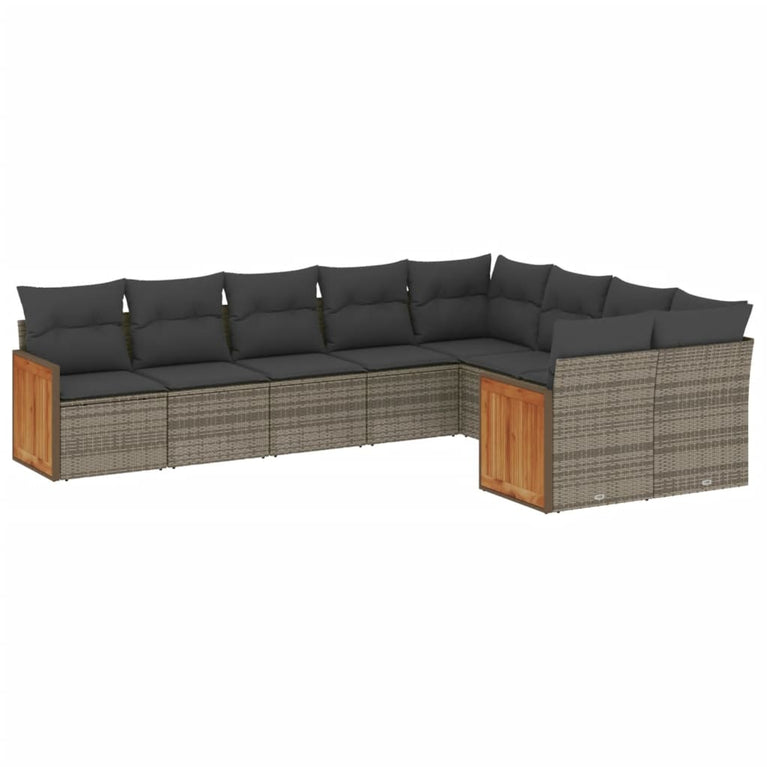 9-delige Loungeset met kussens poly rattan grijs