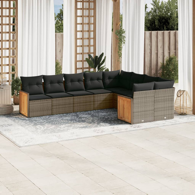 9-delige Loungeset met kussens poly rattan grijs