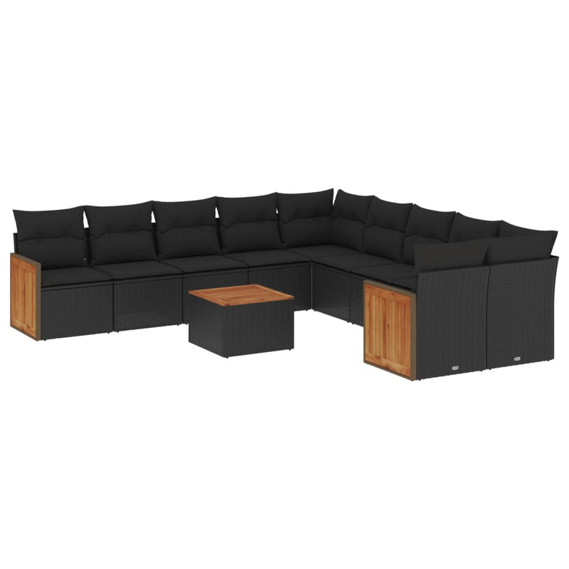11-delige Loungeset met kussens poly rattan zwart