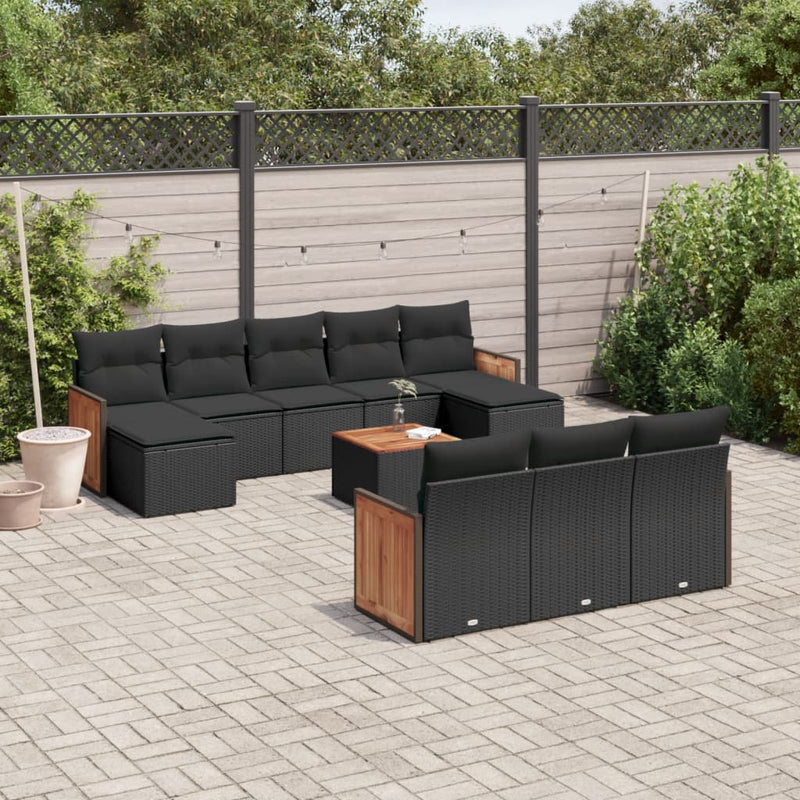 11-delige Loungeset met kussens poly rattan zwart
