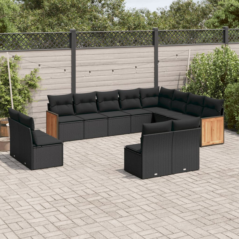 12-delige Loungeset met kussens poly rattan zwart