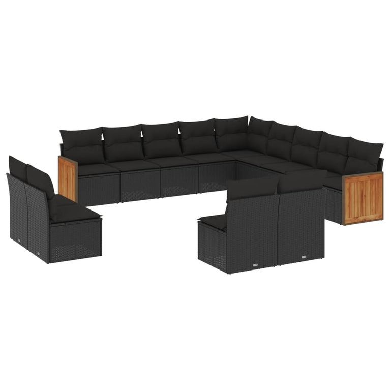 13-delige Loungeset met kussens poly rattan zwart