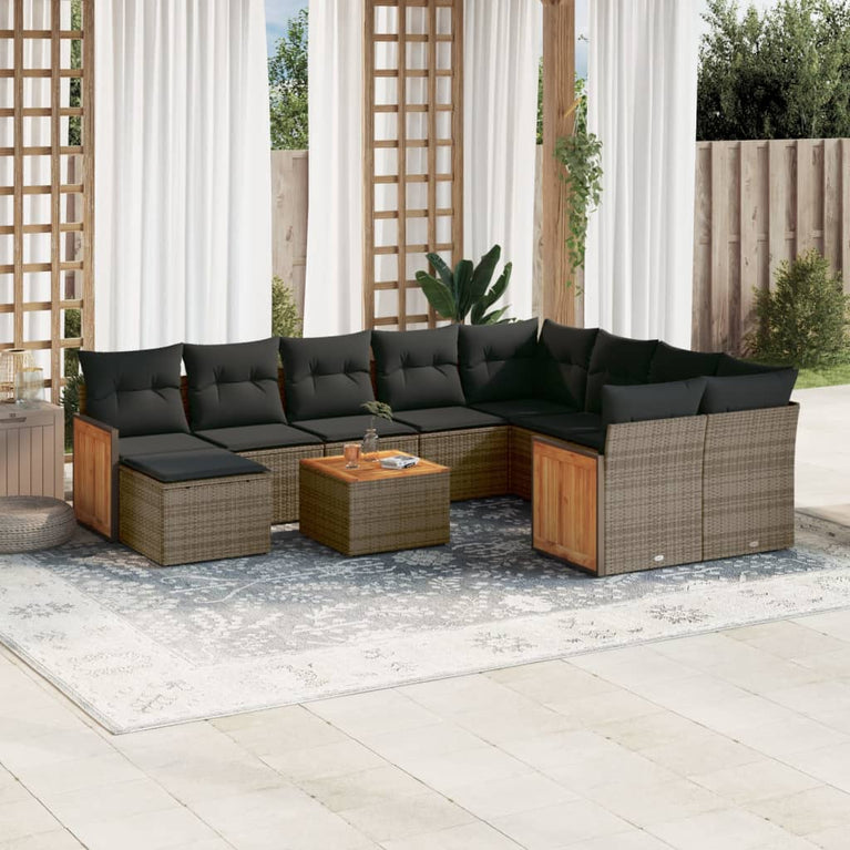 11-delige Loungeset met kussens poly rattan grijs