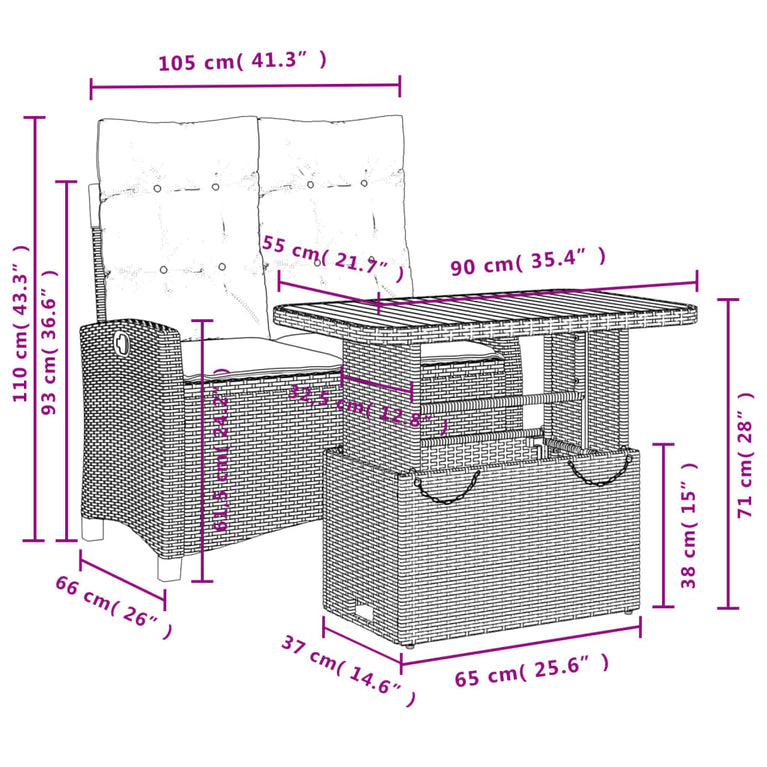 2-delige Tuinset met kussens poly rattan zwart