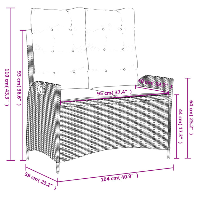 2-delige Tuinset met kussens poly rattan zwart
