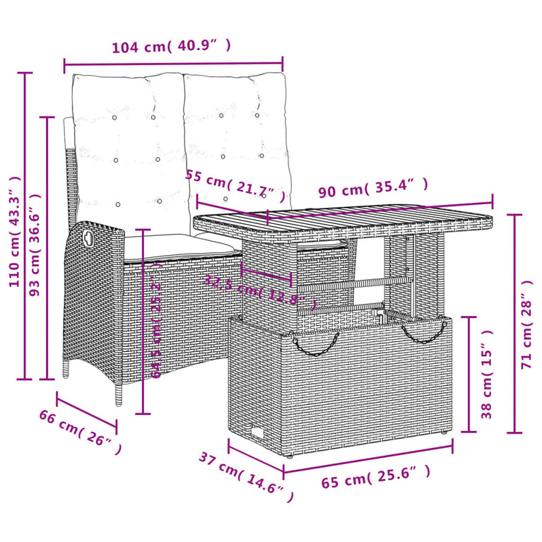 2-delige Tuinset met kussens poly rattan zwart