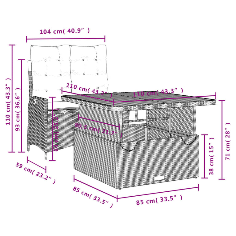2-delige Tuinset met kussens poly rattan zwart